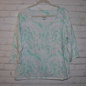 🌊 Coral Bay Woman 3/4 Sleeve Swirl Top · Size 1X · teal, gray & white flow